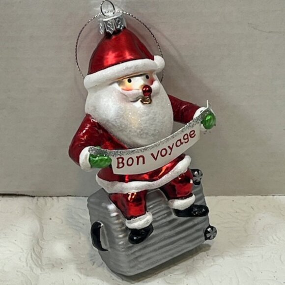 Bon Voyage Travel Christmas Santa Suitcase Glass Glitter Ornament 5"๐ - Picture 3 of 9